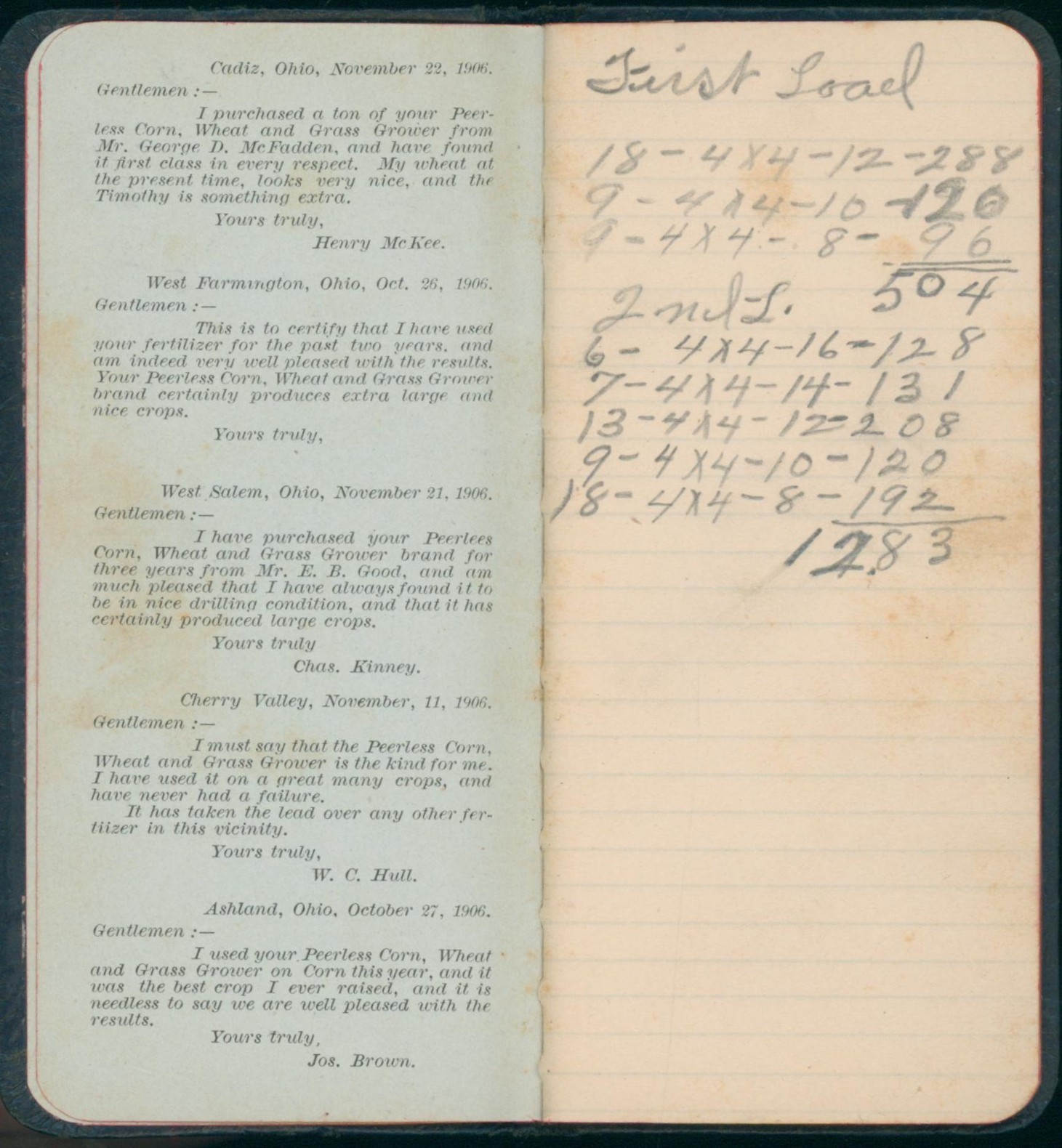 1906 Canton OH Fertilizer Chemical Co Peerless Corn Wheat Grass Grower Memo Pad
