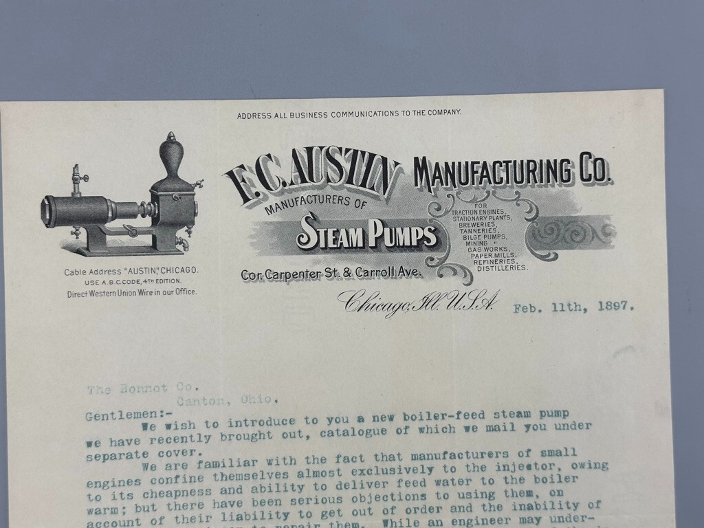 1897 F C AUSTIN STEAM PUMPS Antique Advertising Letter Farm Brewery Mining