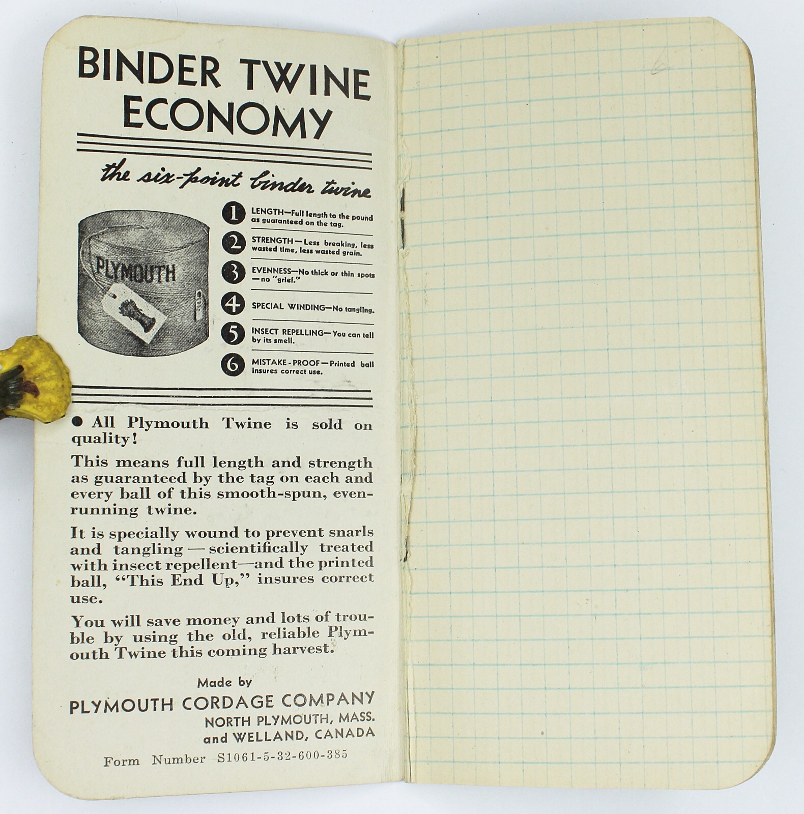 Vintage 1933 PLYMOUTH BINDER TWINE for Grain Harvest Data Notebook