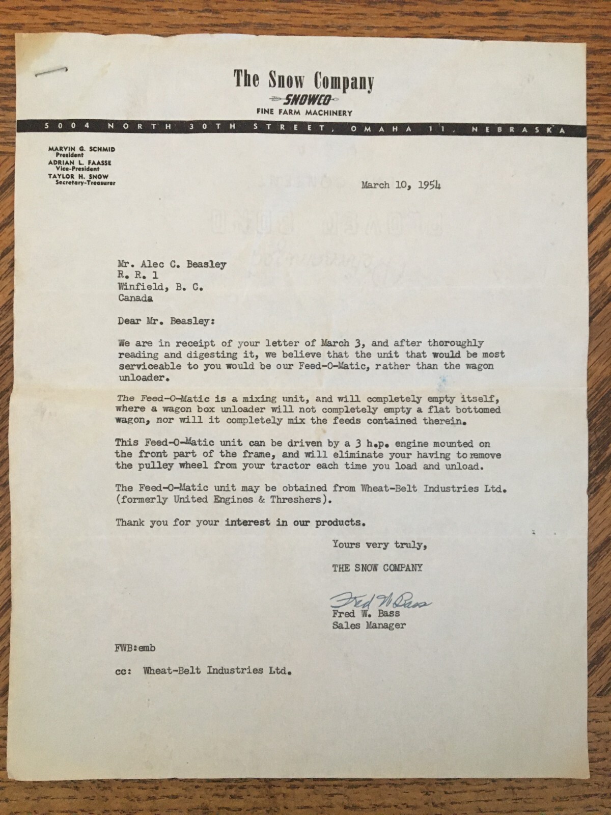 Snow Company Farm Machinery Receipt Letter 1954 Kelowna BC Cattle Ranch Farm