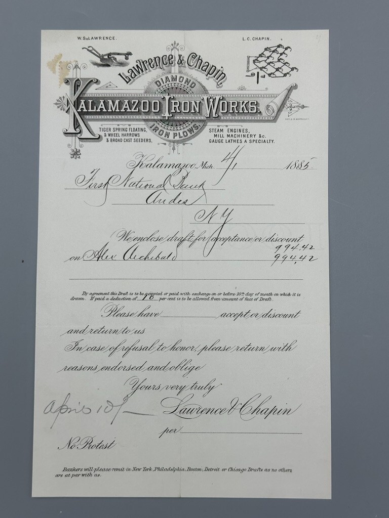 1885 KALAMAZOO MI IRON WORKS Diamond PLOW FARM Bank Draft Antique ADVERTISING