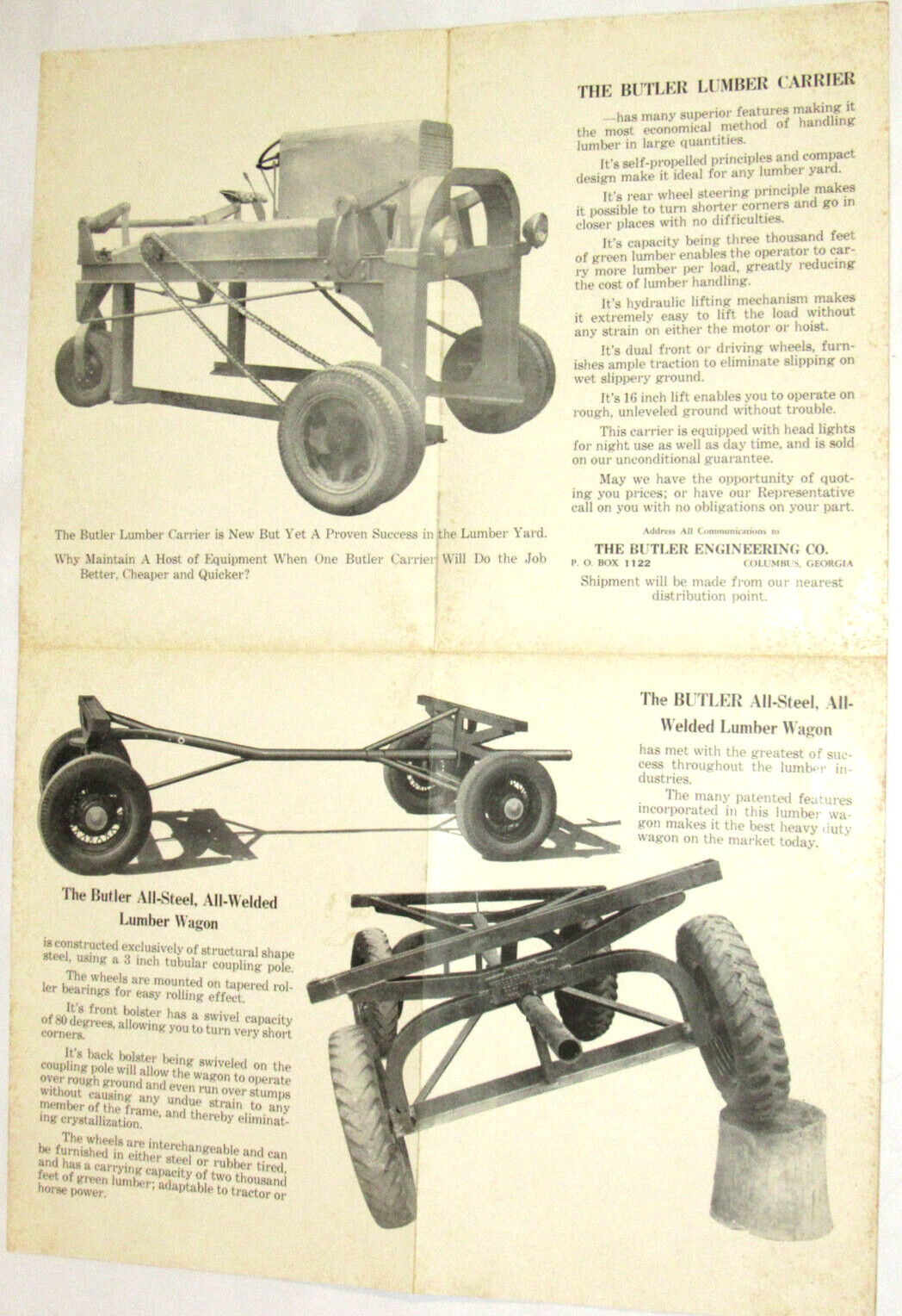 VINTAGE 1930s SELF-PROPELLED LUMBER CARRIER & WAGON POSTER/BROCHURE! COLUMBUS,GA