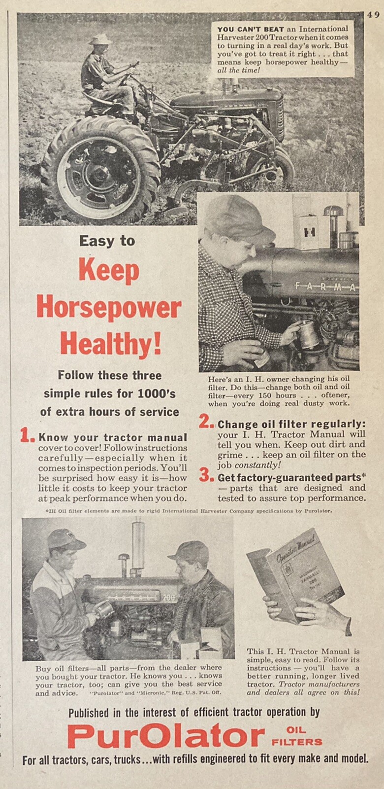1956 AD.(XH12)~INTERNATIONAL HARVESTER FARMALL WITH PUROLATOR OIL FILTER