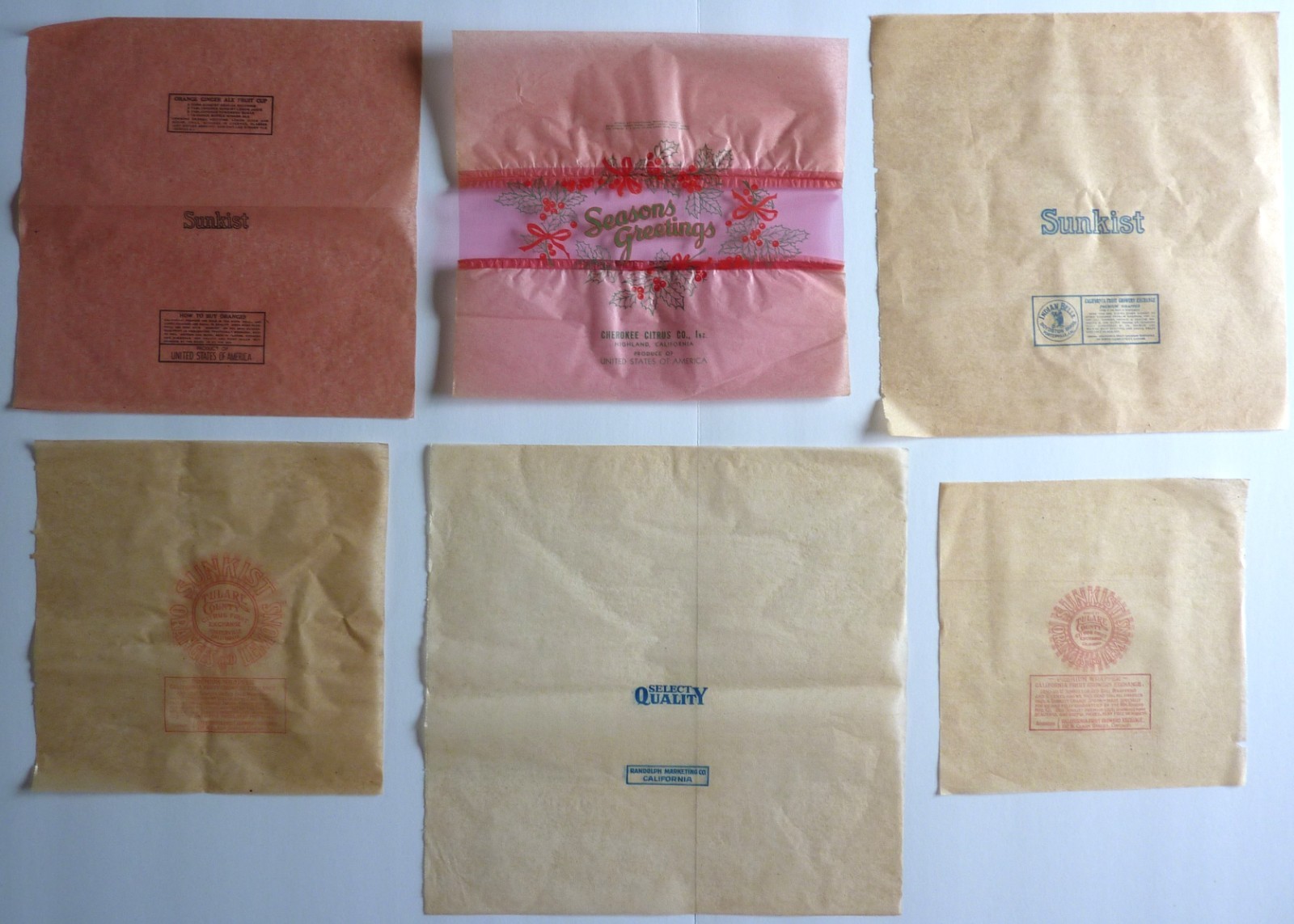 Lot 13 Vintage Citrus Fruit Tissue Wrappers Sunkist Cherokee Boydston CA Art