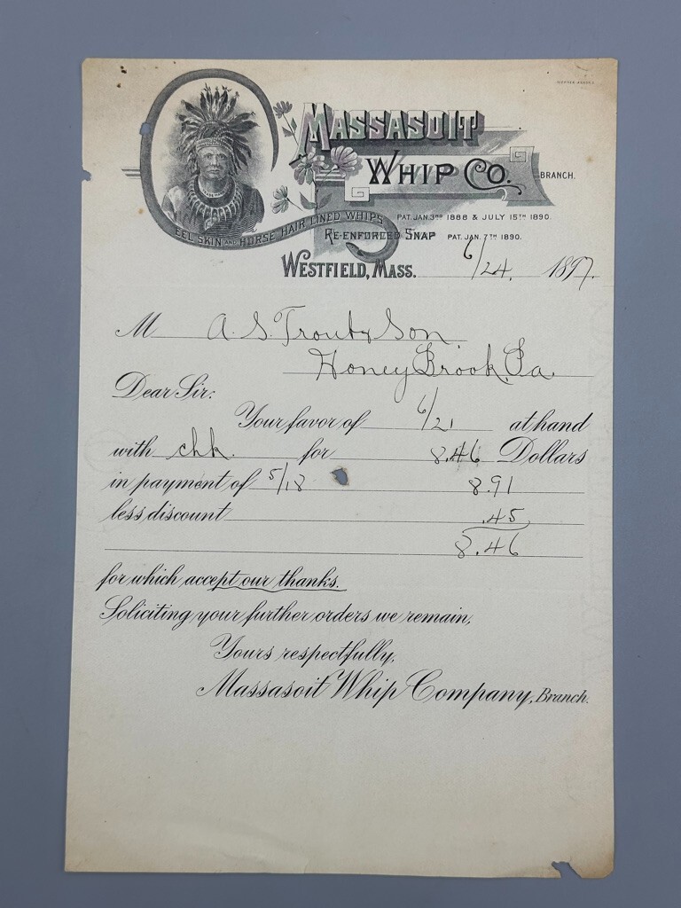 1897 MASSASOIT WHIP Co EEL SKIN & HORSE HAIR Farm Advertising Bill WESTFIELD MA
