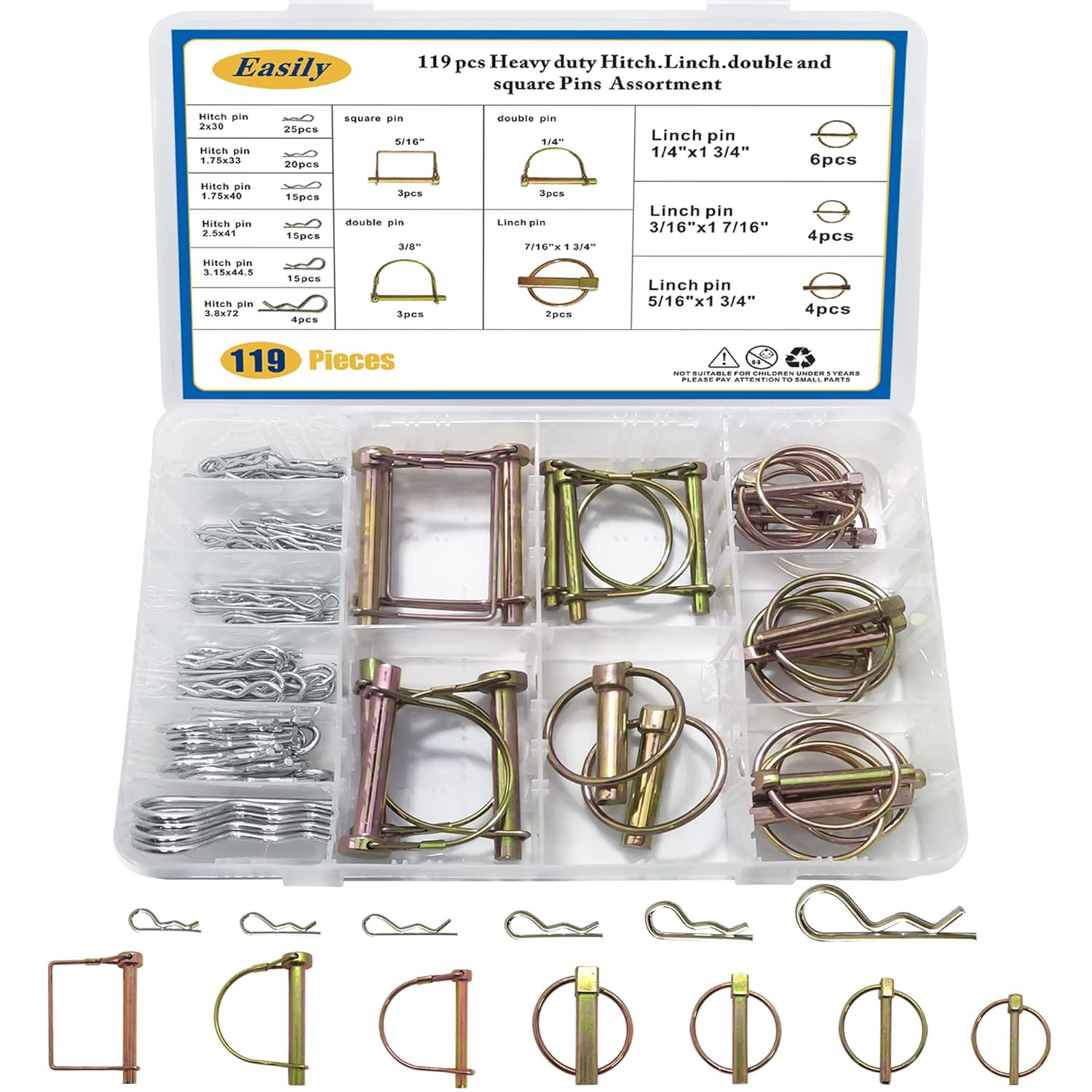 Hitch Pin Clip Pins 119Pcs – Linch and PTO Pins for Trailers Tractors Trucks Tow