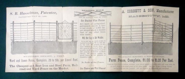 1888 antique HUSSELMAN WIRE FENCE HITCHING POST hagerstown md AD farm yard lawn
