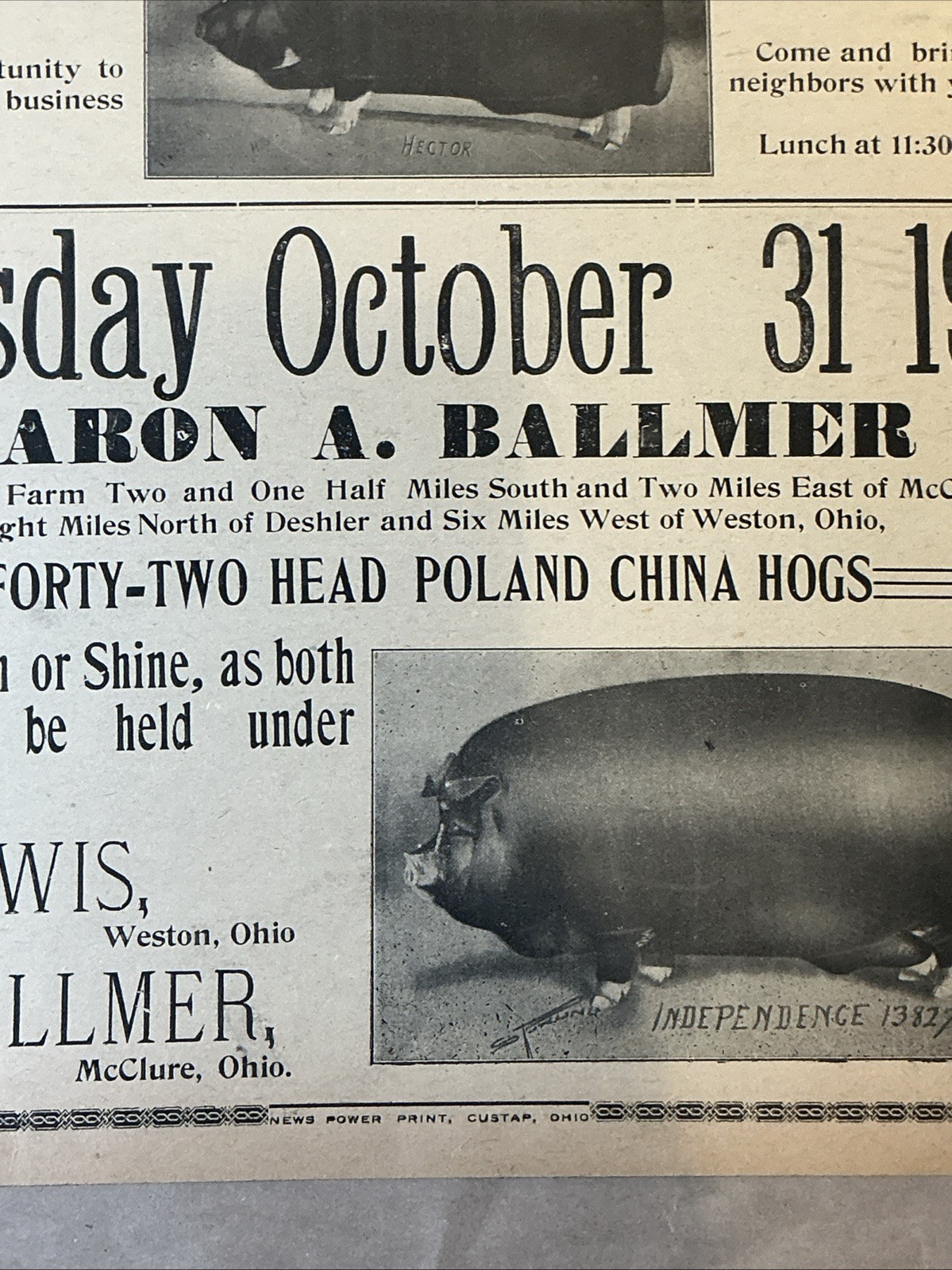 Antique 1911 Original Auction Poster China Hog Public Sale Ohio As Is INV-AC07Z