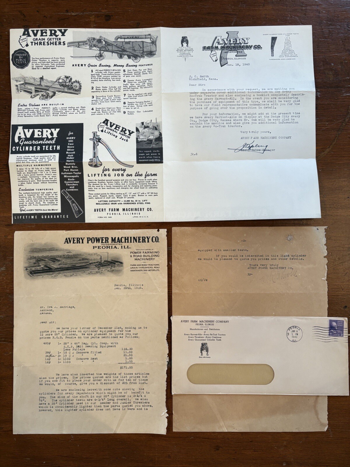 Lot (2) Original Vintage 1925 & 1940 Avery Equipment Letters Letterhead Brochure