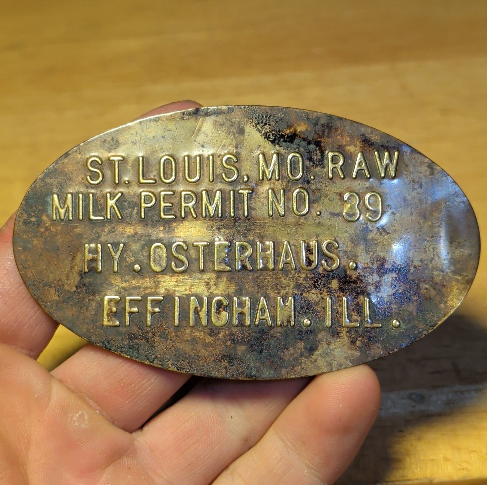 Antique Brass St Louis Raw Milk Permit No39 Plate Effingham IL Hy Osterhaus Tag