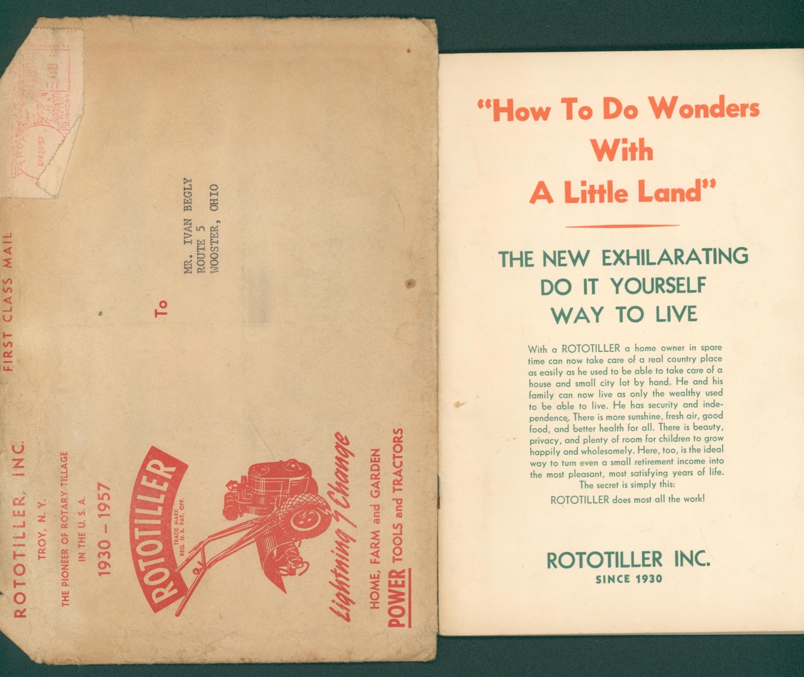 1957 Rototiller Catalog Ad Booklet W/ Envelope Tiller Garden Farm Tillage How To