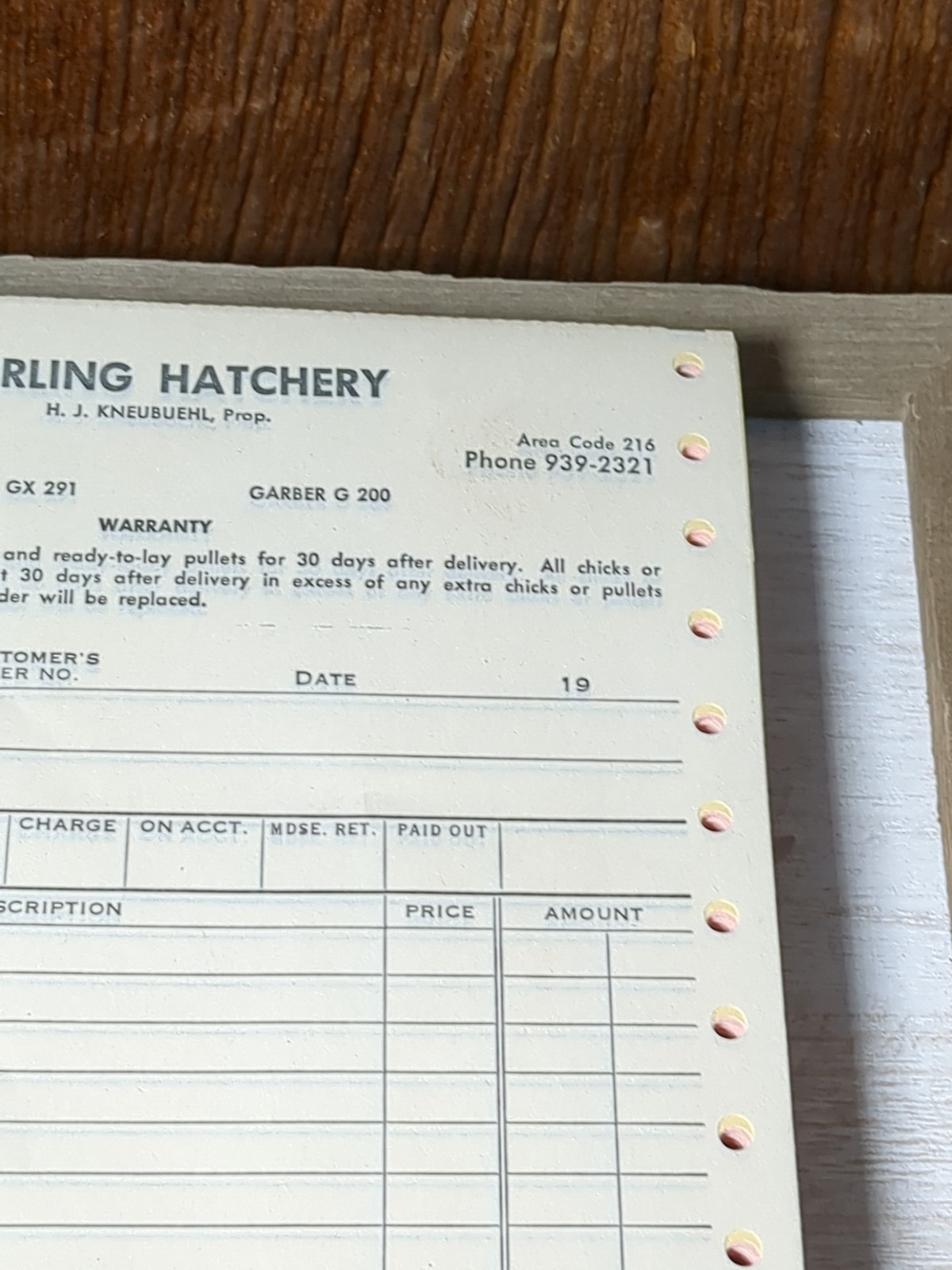 Sterling Hatchery Wayne County Ohio Kneubuehl Area Code 216 Receipts Invoice NOS