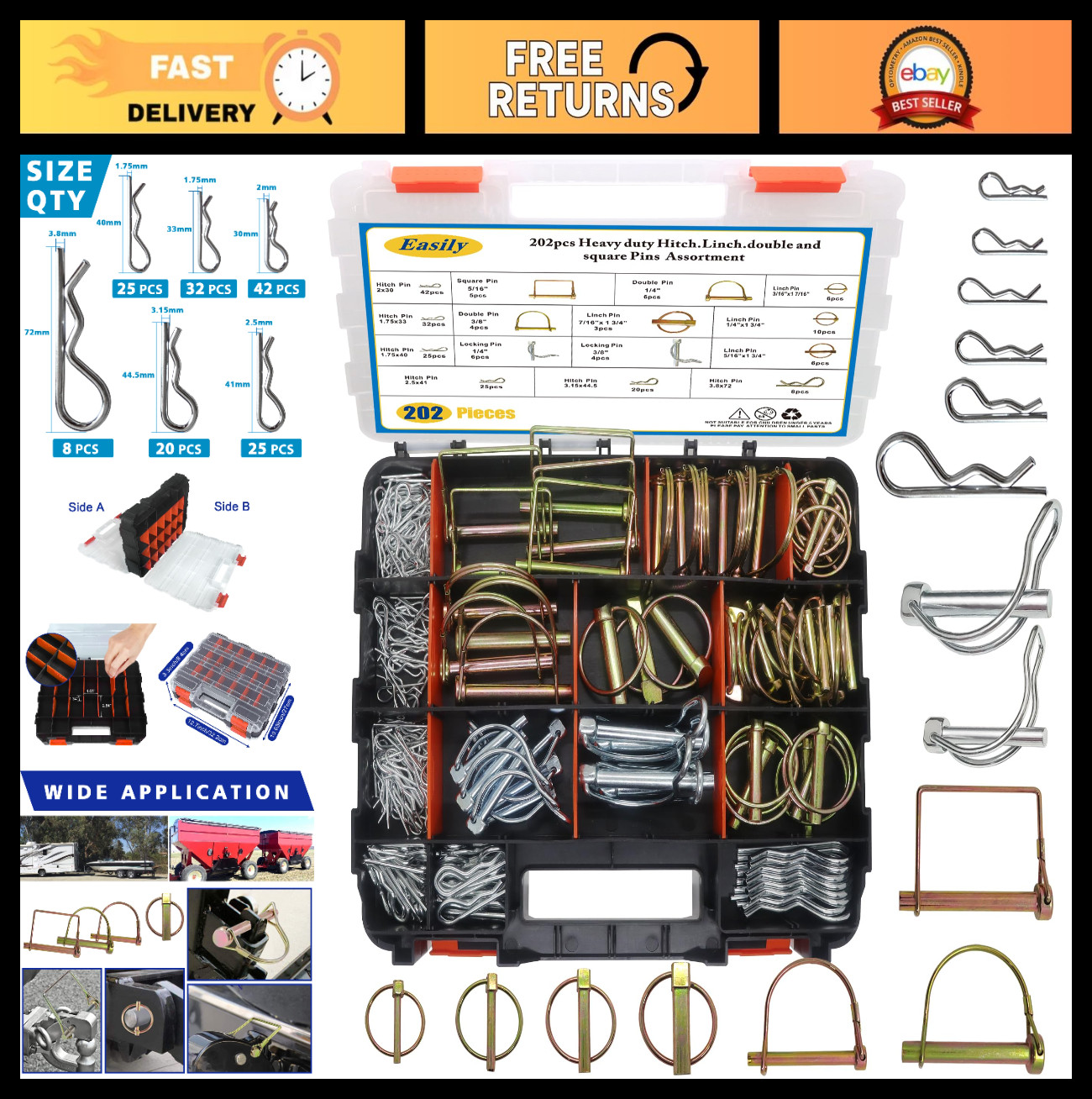 202PCS Hitch Pins & Clips Set for Trailers, Tractors, Trucks, Farm Equipment & M