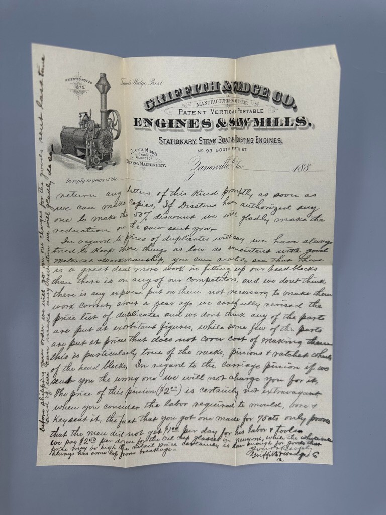 1890 Griffith & Wedge ENGINES SAW MILL Advertise FARM Postal Cover ZANESVILLE OH