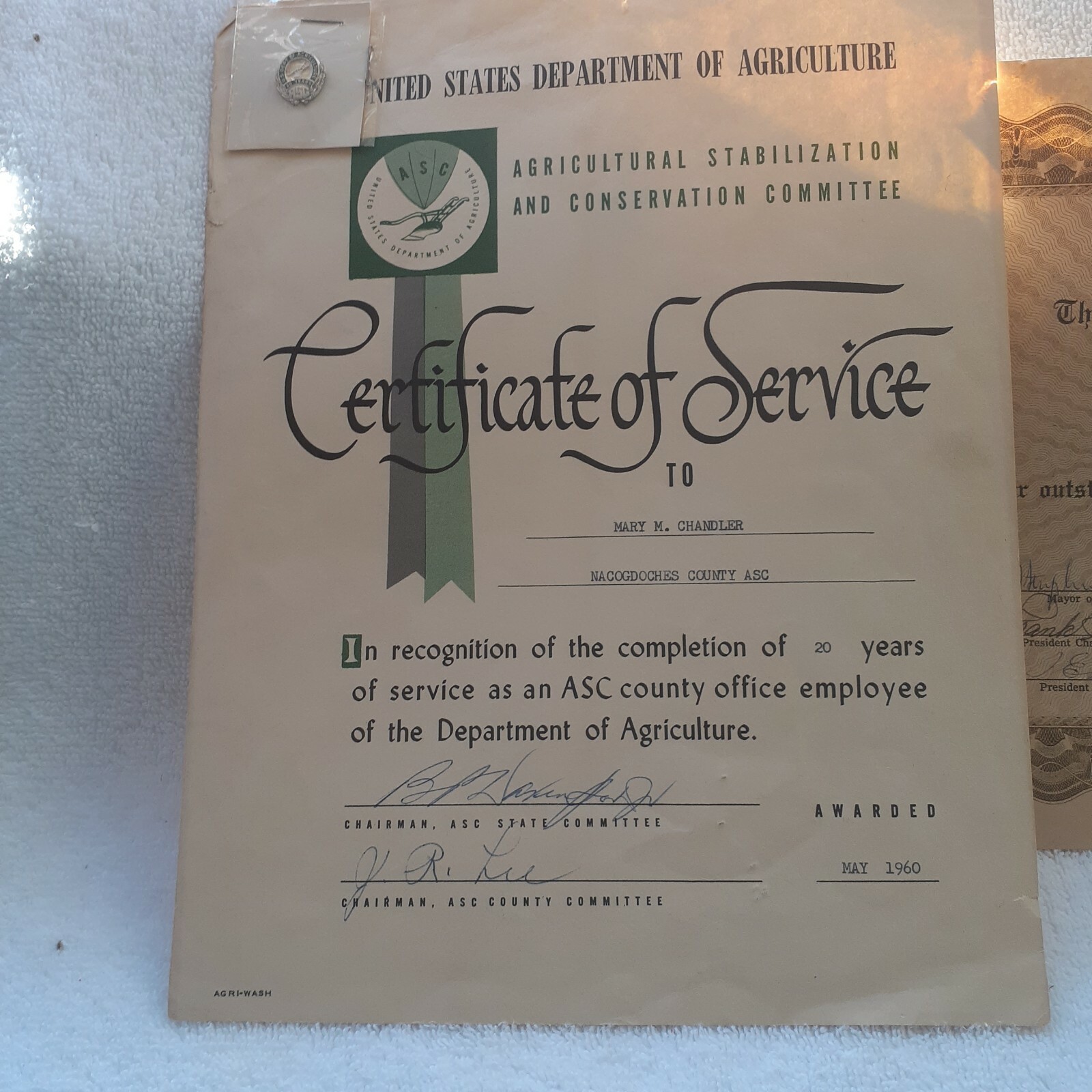 US Department Of Agriculture ASC 20 Year Pin & Certificate