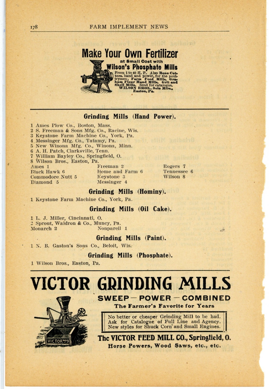 1905 Victor Feed Mill Co. Ad: Grinding Mills – Springfield, OhiO