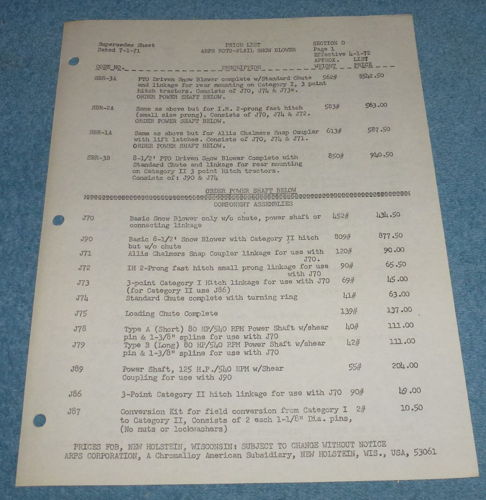 Vintage Arps Corp Roto-Flail Snow Blower Price List April 1972 New Holstein WI