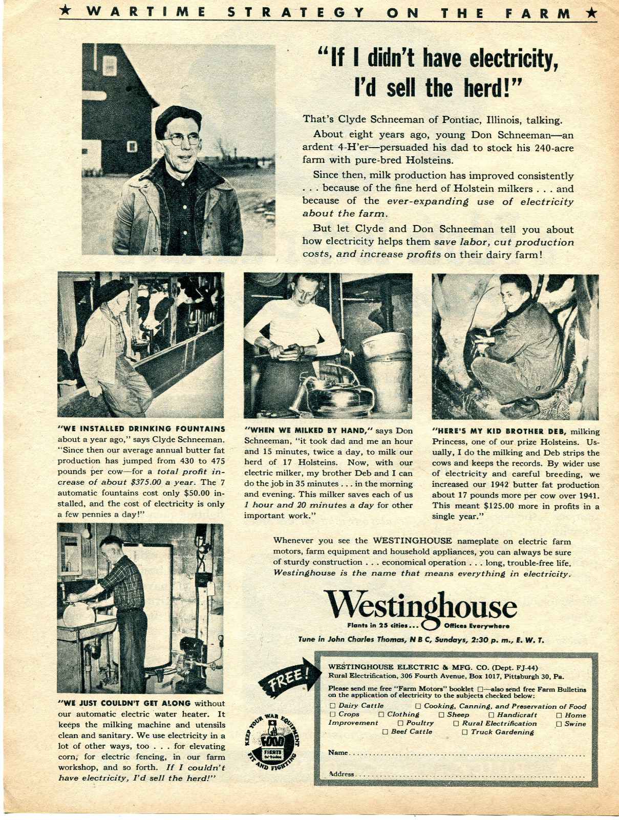 1944 Print Ad of Westinghouse WWII Wartime Strategy Electric Farm Equipment