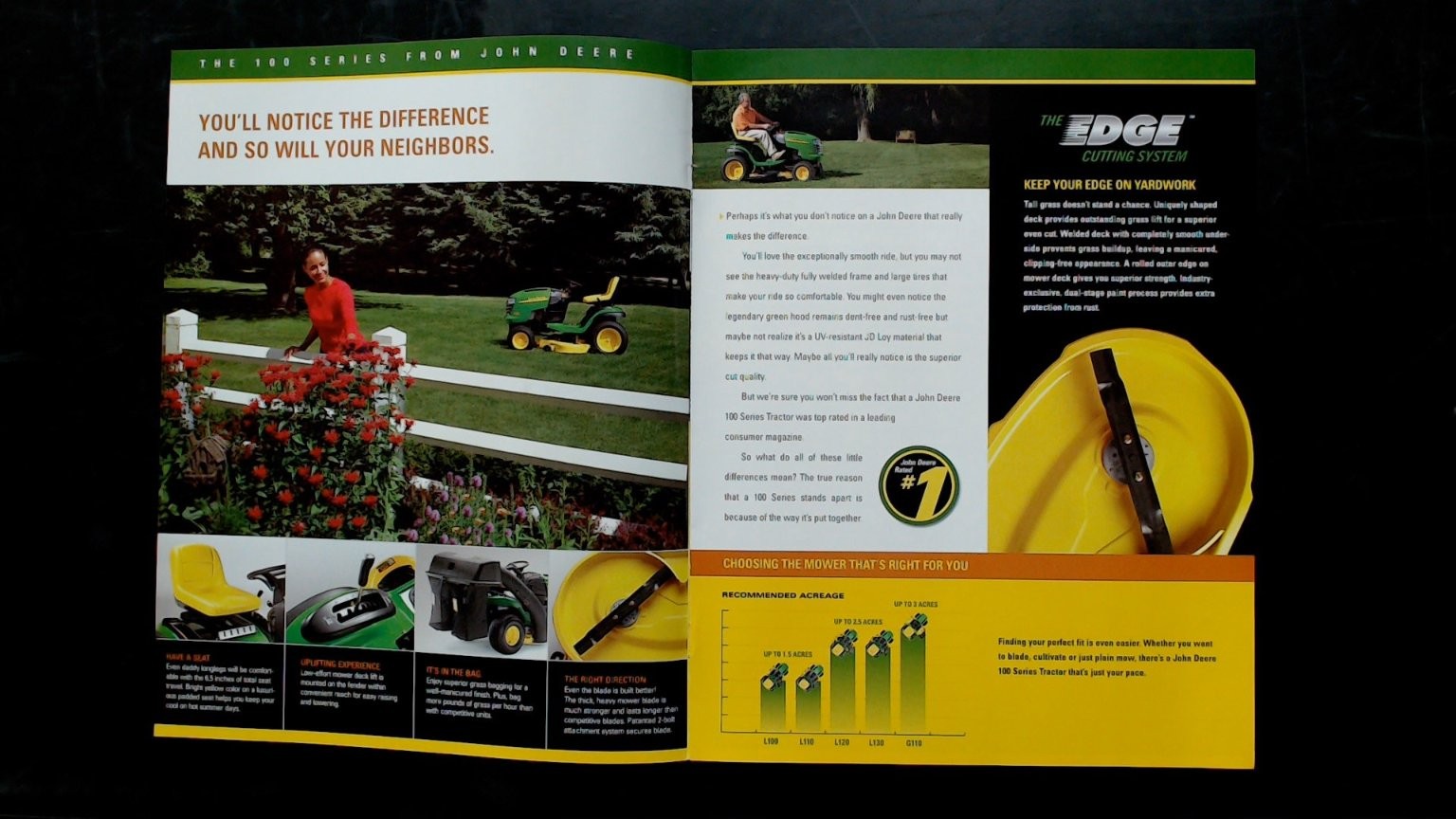 John Deere 100 Series Tractors Vintage Brochure Green Yellow Mower