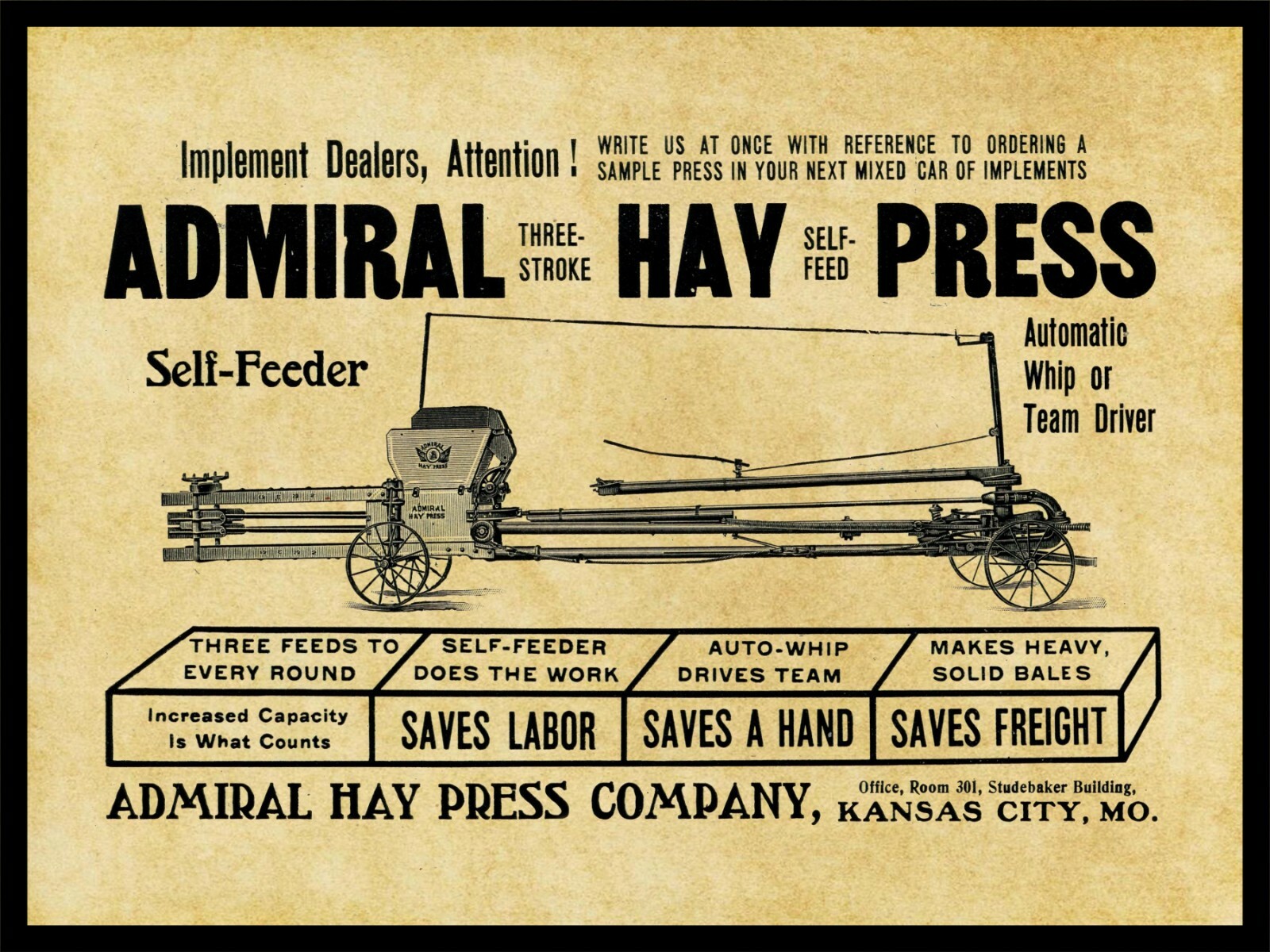 1905 Admiral Hay Press Co. NEW Metal Sign: Self Feed Type Kansas City, Missouri