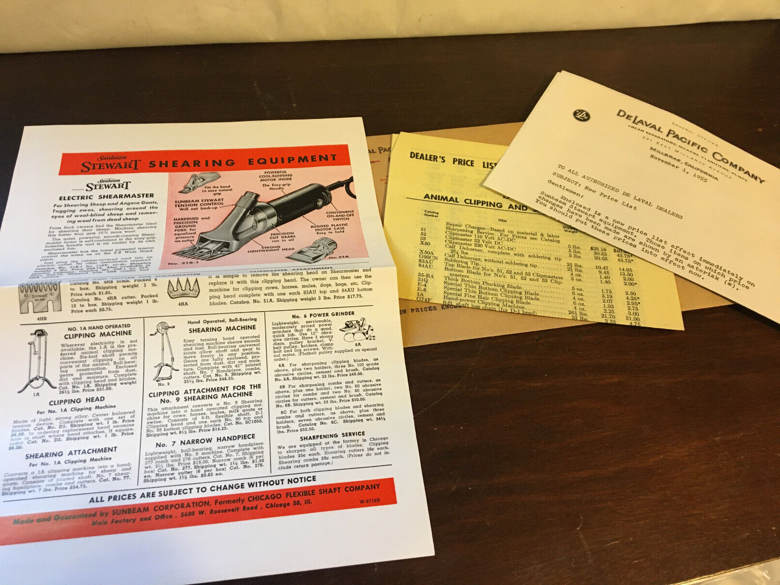 Sunbeam Stewart Shearing Equipment, 1955, Brochure, Letter, Price list