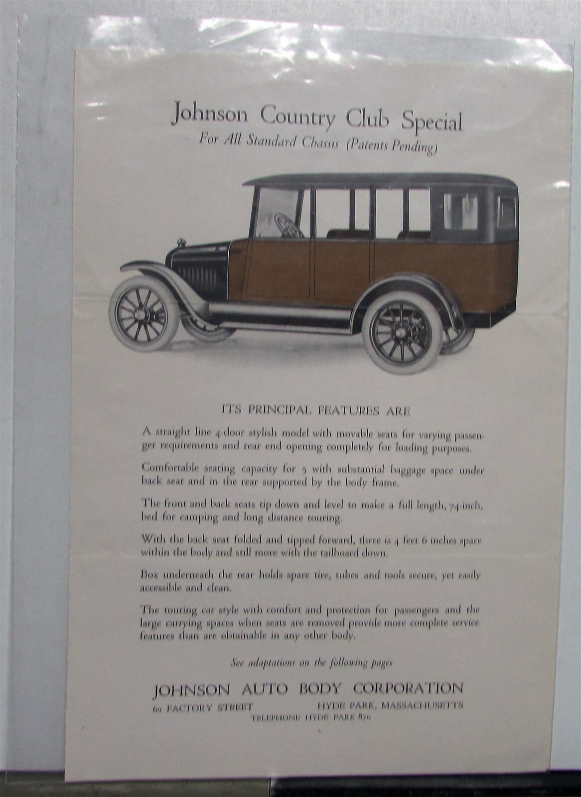 1920s Johnson Country Club Special Standard Chassis Features Diagram Sales Sheet