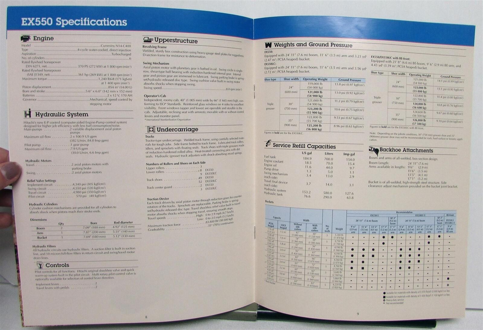1999 Hitachi Super EX550-V Excavator Specifications Construction Sales Brochure