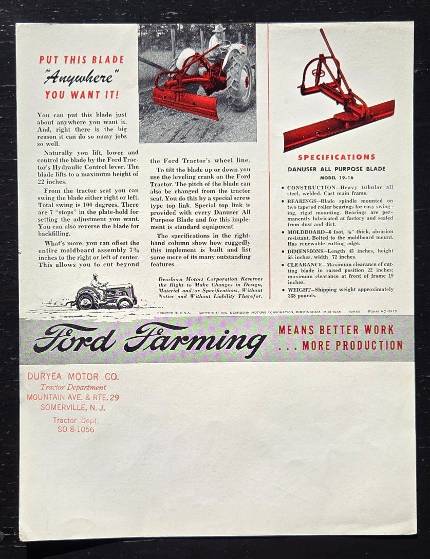 1949 FORD TRACTOR DEARBORN FARM EQUIPMENT DANUSER ALL PURPOSE COLOR SPEC SHEET