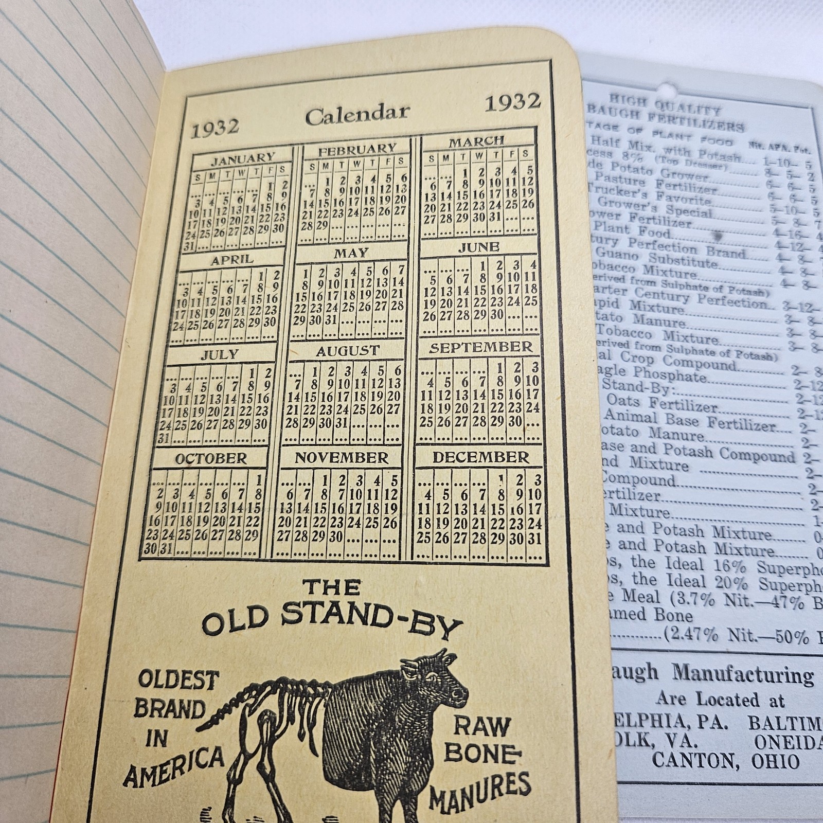 1932 The Baugh & Sons Company Baltimore Maryland Notepad Manure Fertilizer