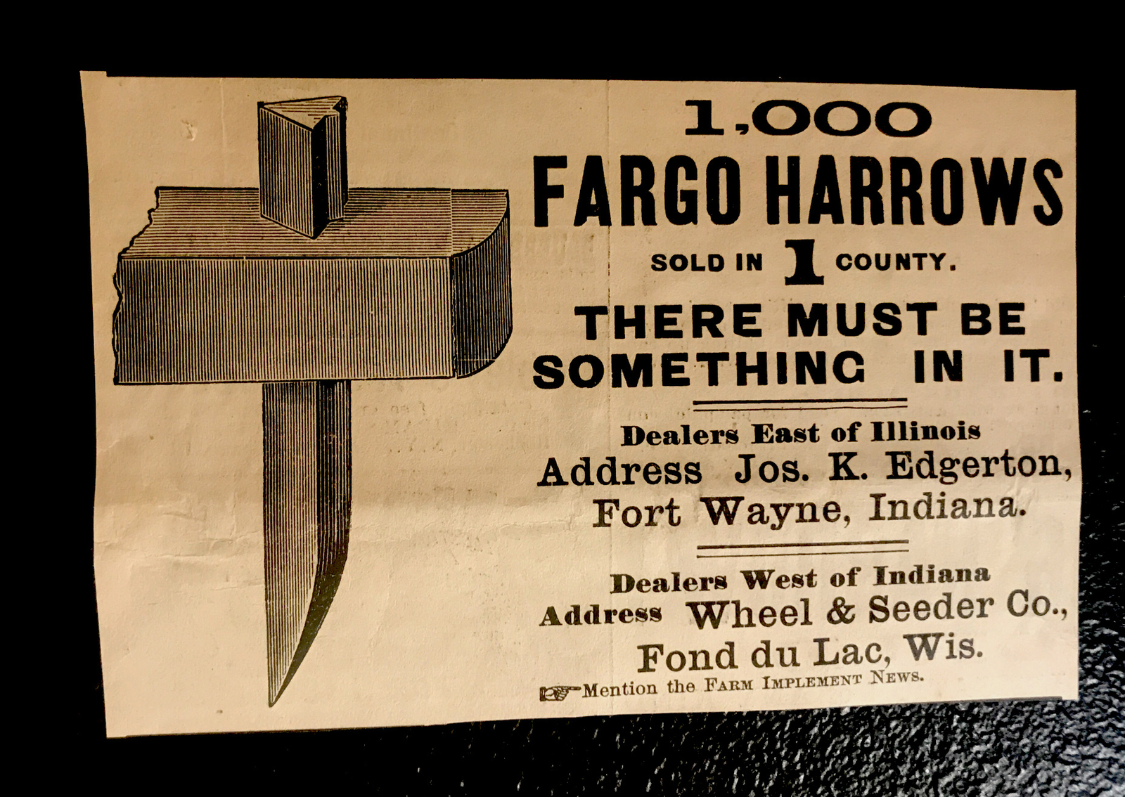 1886 Fargo Harrow Farm Advertising – Fond du Lac – Wisconsin / Fort Wayne IN