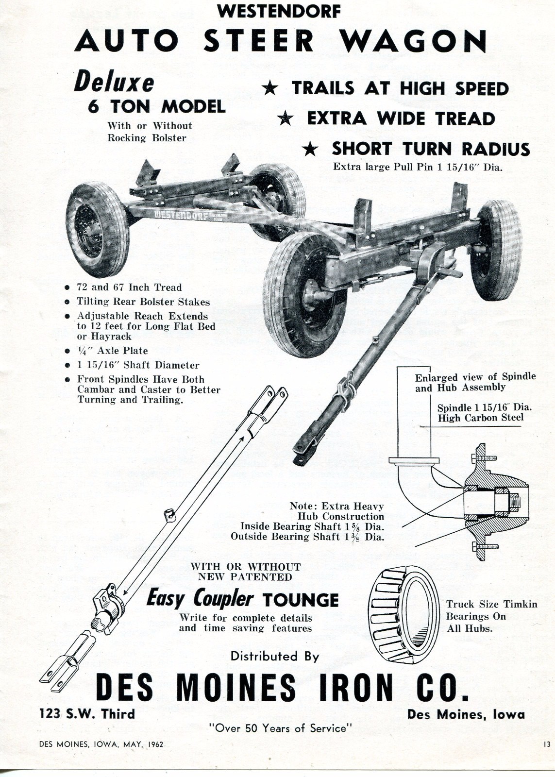 1962 Dealer Print Ad of Des Moines Iron Co Westendorf Deluxe Auto Steer Wagon
