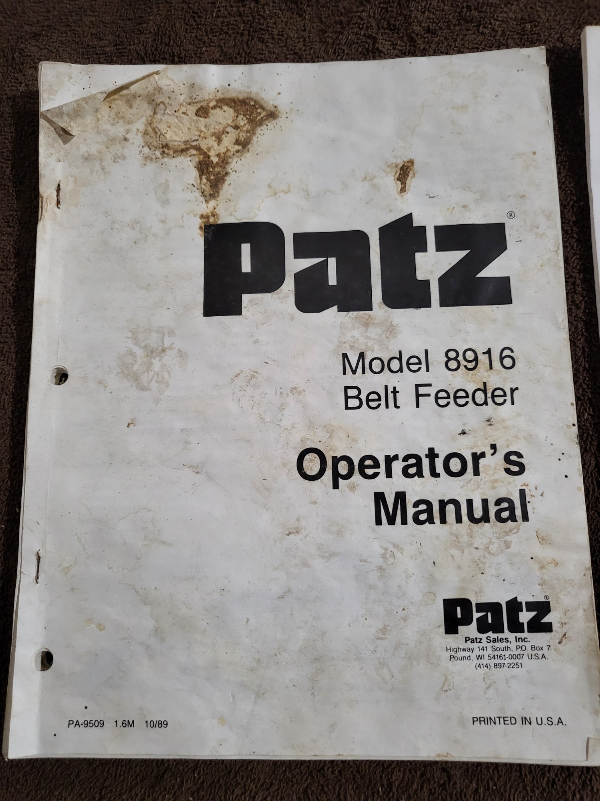 1990 Vintage Patz 8916 Barn Belt Feeder MANUALS Parts & Operators – Pound, WI.