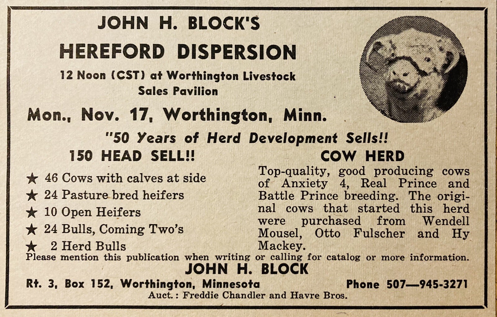 1969 AD.(XH79)~JOHN H. BLOCK’S HEREFORD DISPERSION SALE, WORTHINGTON, MINN.