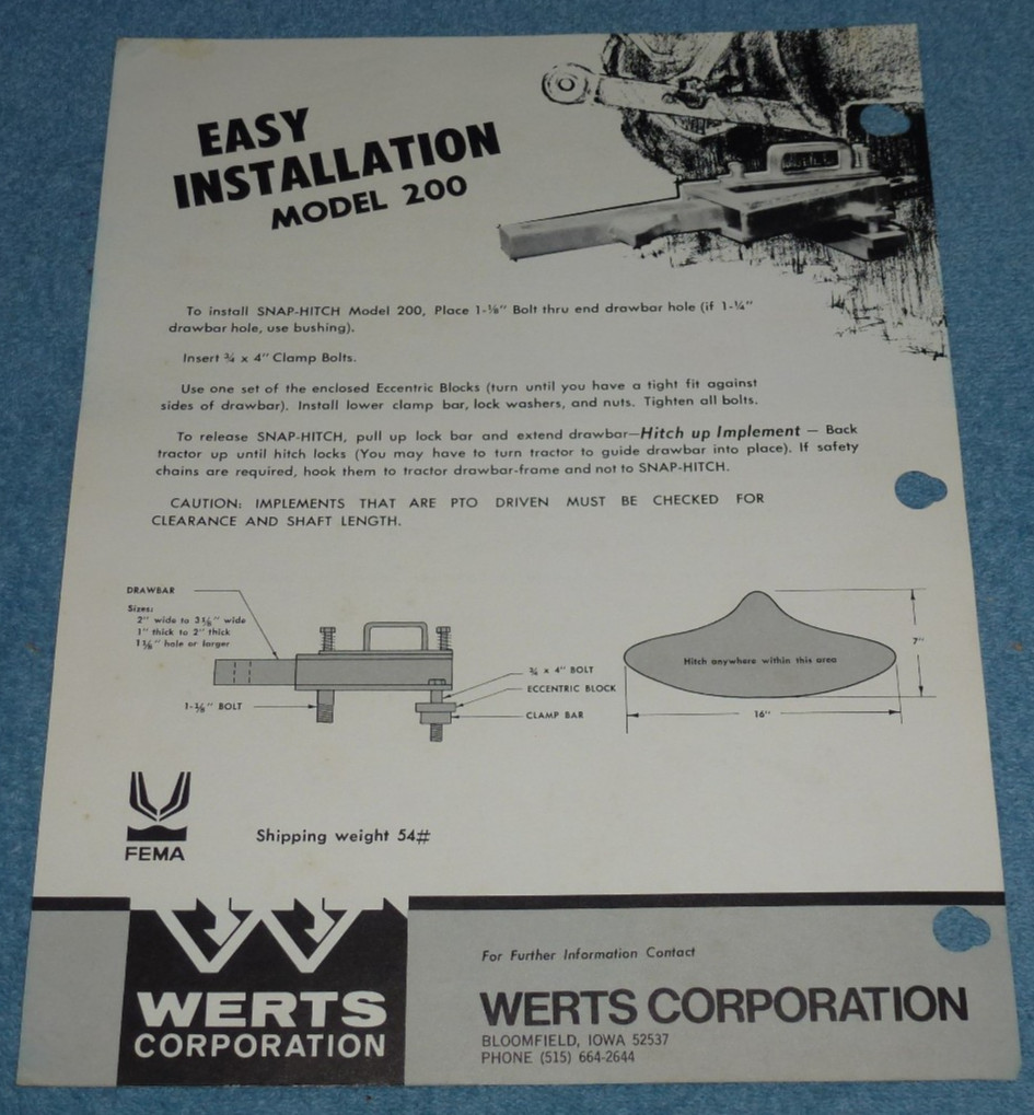 Vintage Werts Corp Tractor Snap-Hitch Model 200 Farm Equipment Brochure Sheet