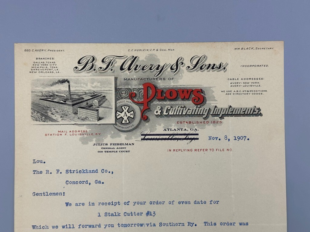 1907 B F AVERY & Sons PLOWS Antique Letter FARM Advertising ATLANTA GA