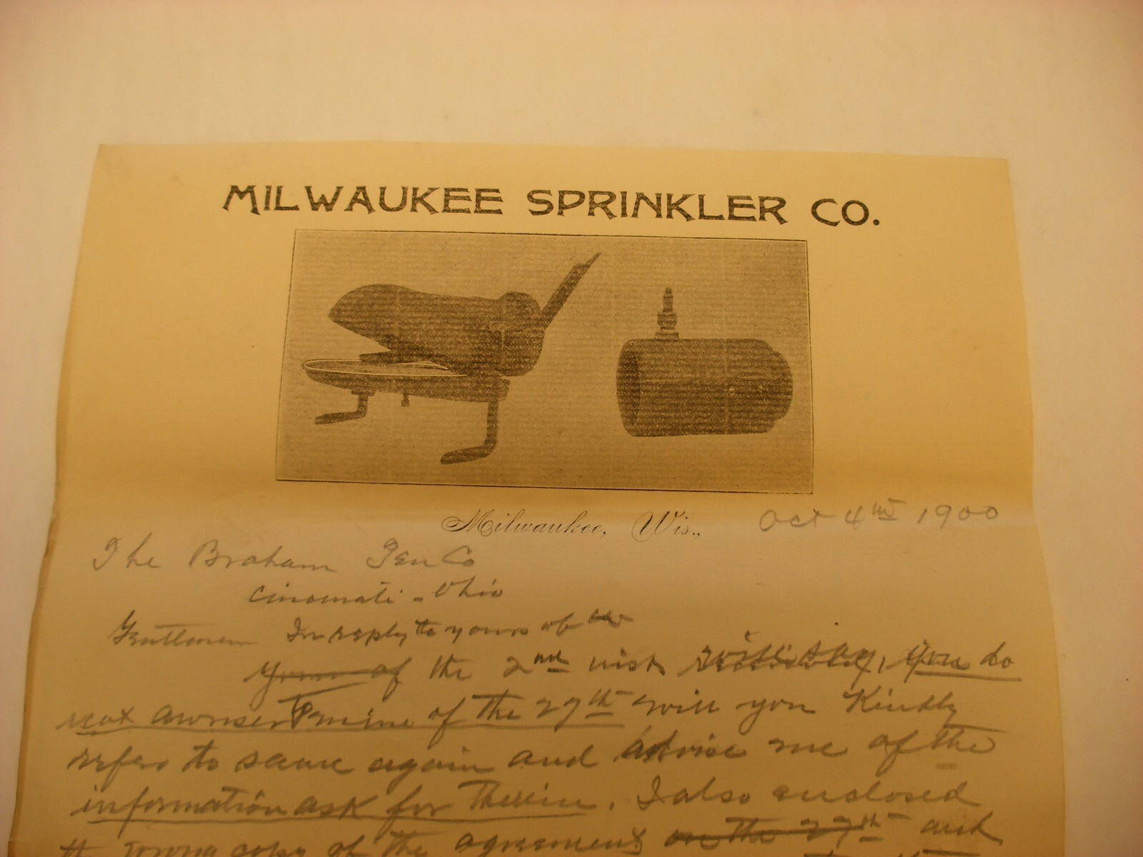 Antique Vtg 1900 Milwaukee Sprinkler Co. Milwaukee WI Letter Head