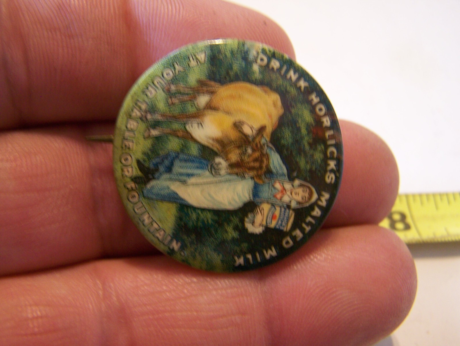 HORLICK&rsquo;S MALTED MILK Celluloid Pinback Farm Dairy Jersey Cow Whitehead Hoag