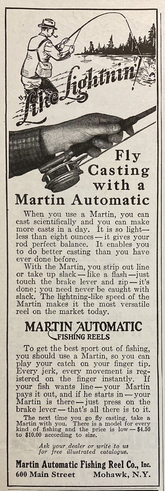 1927 AD.(XH60)~MARTIN AUTOMATIC FISHING REEL CO. MAIN ST. MOHAWK, NY. FLY REELS