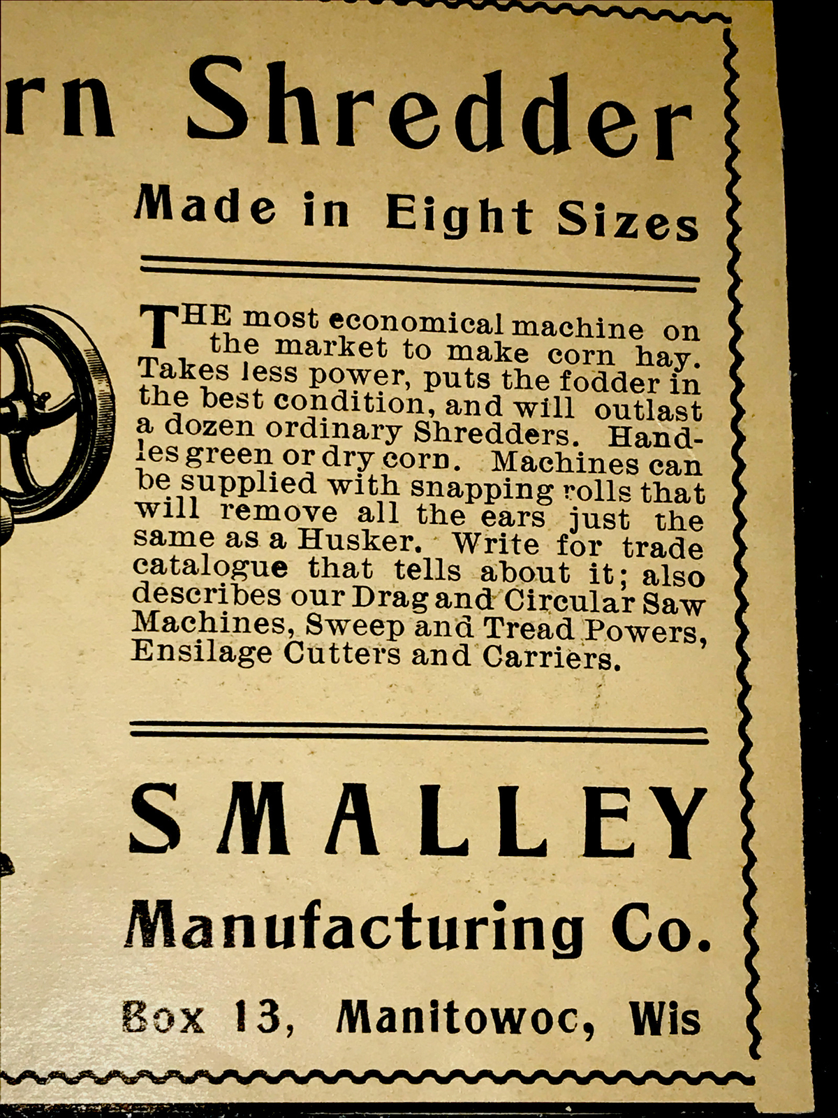 1903 Smalley Corn Shredder Farm Advertising – Manitowoc – Wisconsin