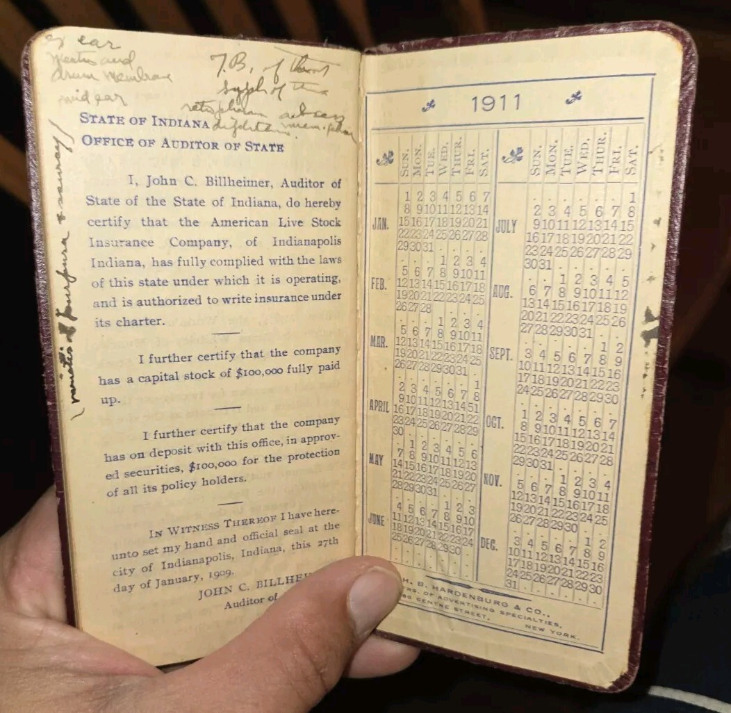 1910 / 1911 farmers ledger American Livestock Insurance Company Indianapolis In