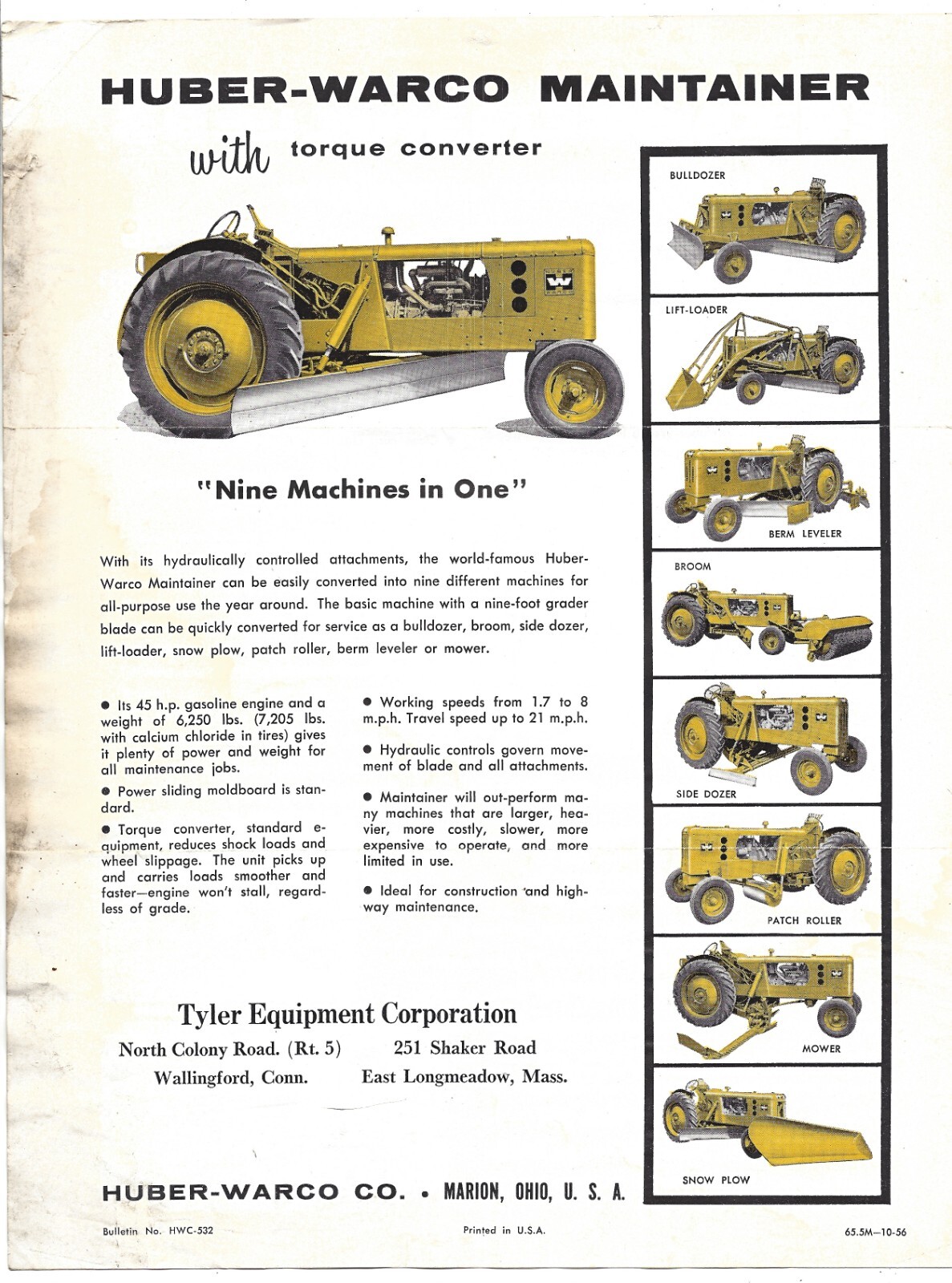 1956 ? Huber-Warco Brochure Graders Rollers and Maintainer