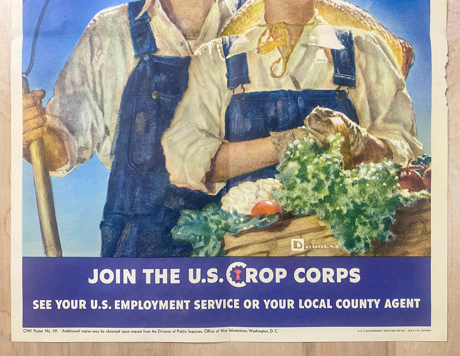 1943 Work On A Farm This Summer U.S. Crop Corps Poster Morgan Douglas WWII ORIG.