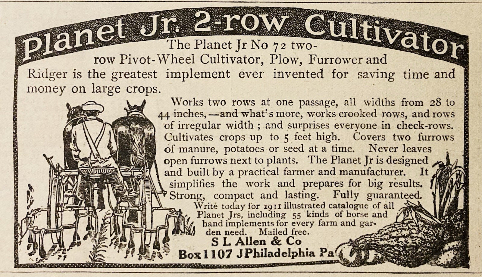 1911 AD.(XH88)~S.L. ALLEN CO. PHIL., PA. PLANET JR. 2-ROW CULTIVATOR