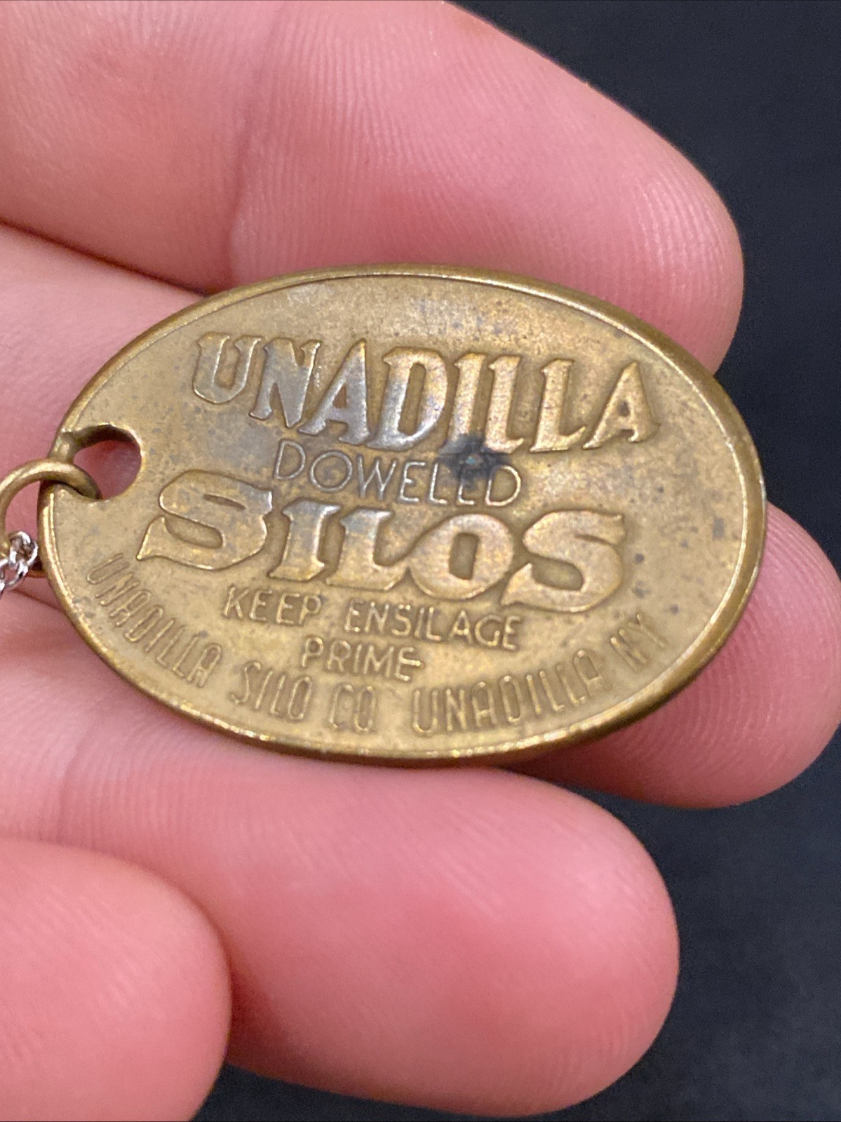 1906 ANTIQUE UNADILLA SILOS NY FARM ADVERTISING PENDANT KEYCHAIN CHARM FOB TAG