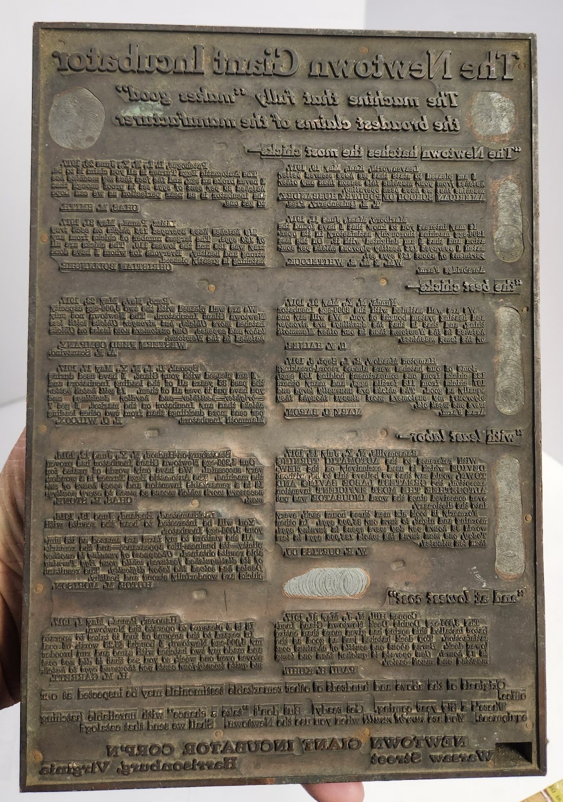 1910&rsquo;s-20&rsquo;s THE NEWTOWN GIANT INCUBATOR Printing Plate For Full Page Ad. 7&Prime;x10&Prime;