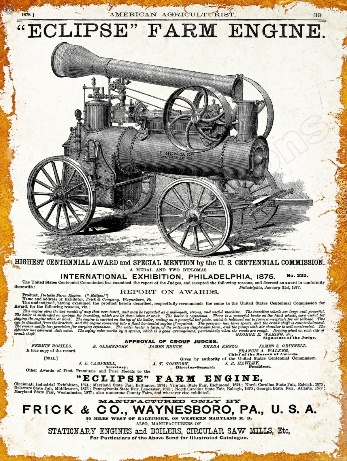 1878 Frick Eclipse Farm Engine New Metal Sign: Waynesboro, Pennsylvania