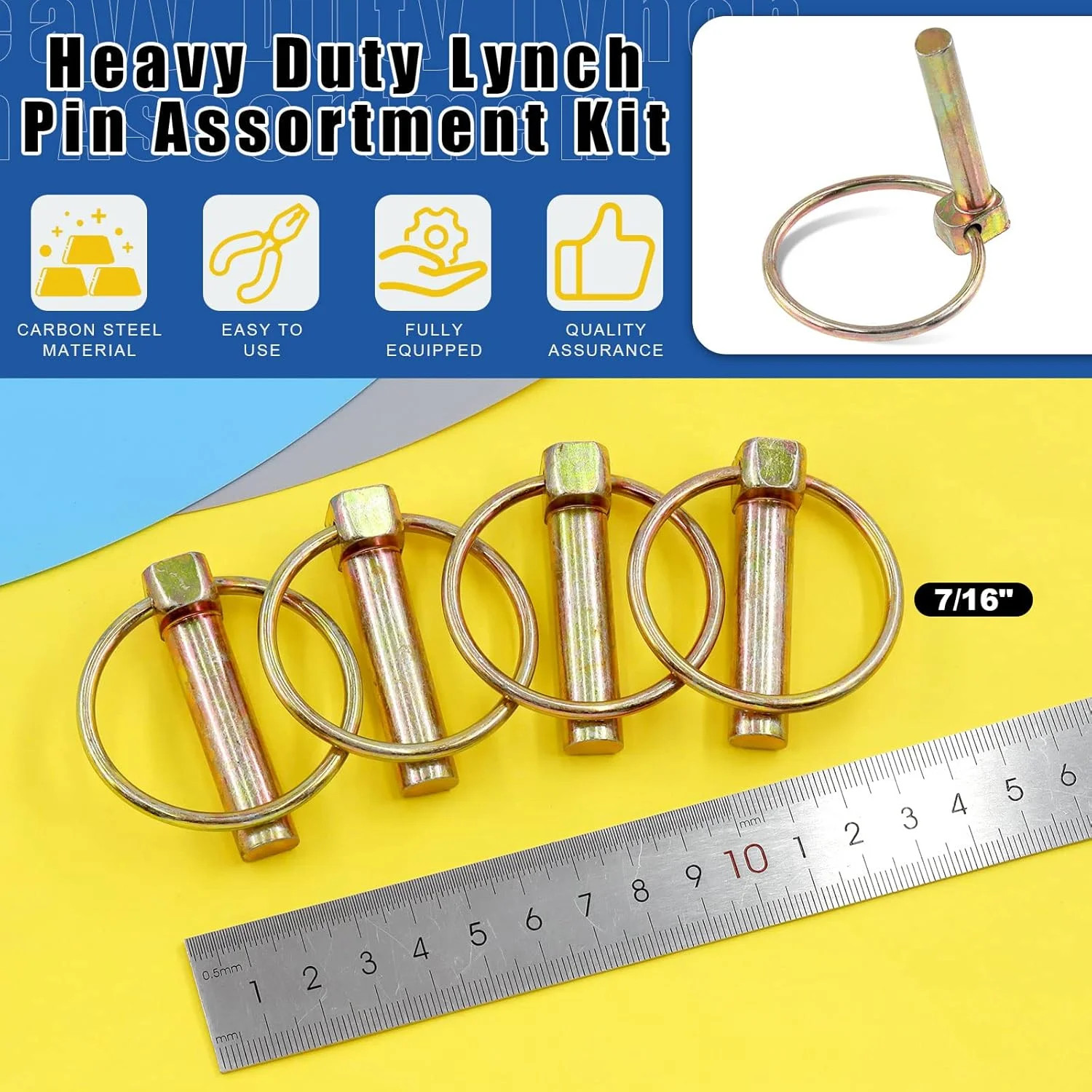 Glarks 15Pcs 7/16&Prime; x 1-3/4&Prime; Lynch Pin with Lanyard Cable Set 10Pcs Lynch Pin Loc