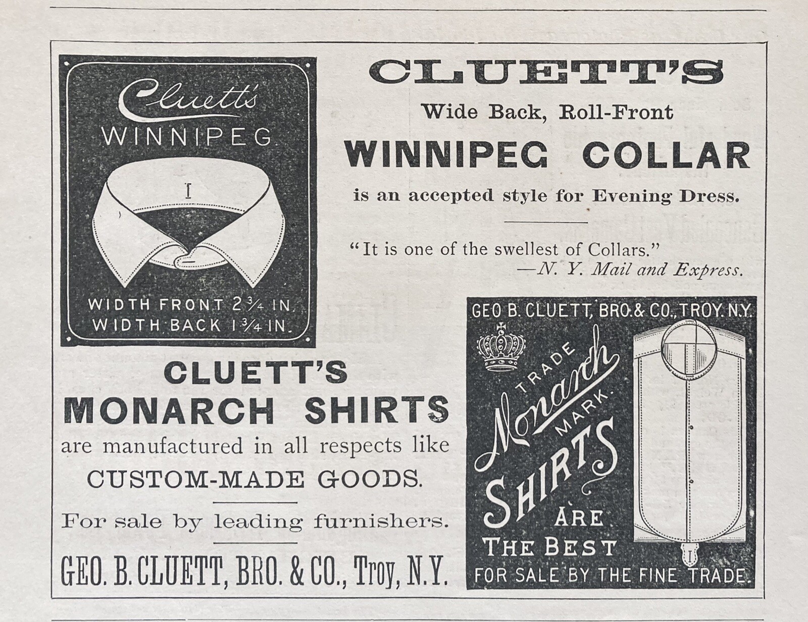 1889 AD.(XH6)~CLUETT, BRO. CO. TROY, NY. CLUETT’S “WINNIPEG” COLLAR