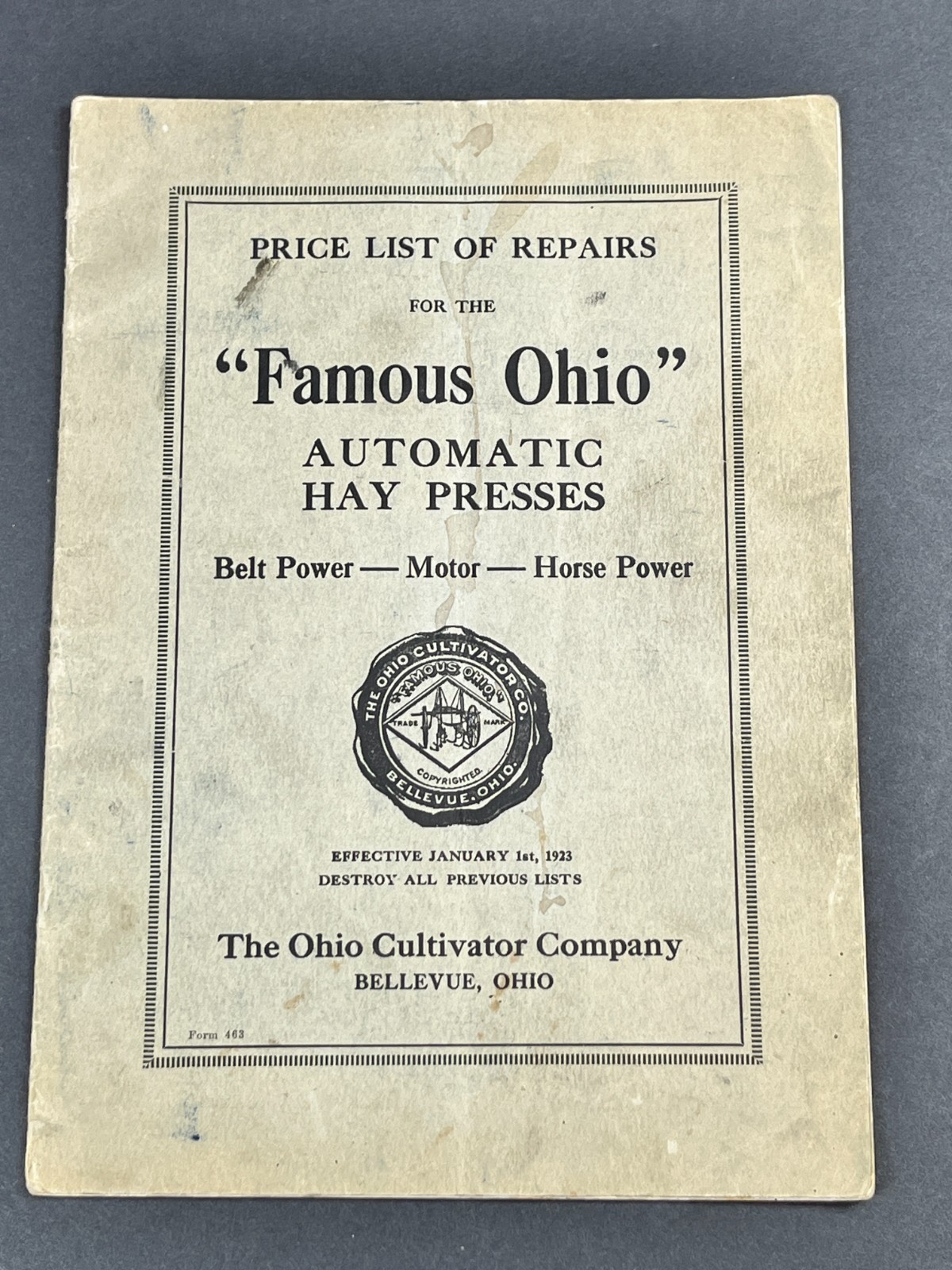 1923 Ohio Cultivator Automatic Hay Presses Parts Price List Repairs Bellevue OH