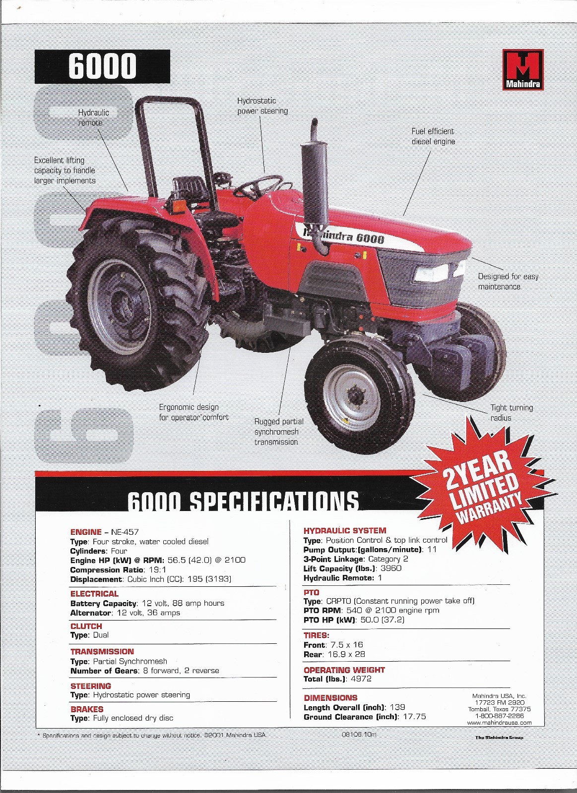 Original Mahindra 6000 Tractor Dealer Sales Brochure Spec Specifications Sheet